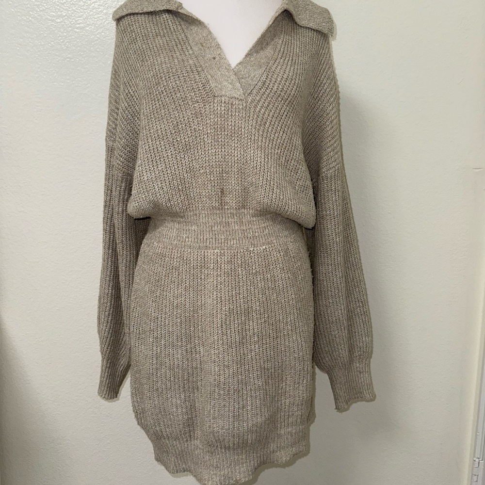 SHEIN Beige V-Neck Sweater Dress